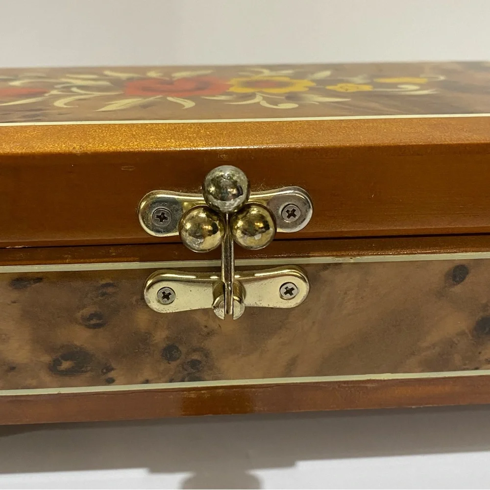 VTG Kimco Japan Wooden Jewelry Box Floral Inlay Red Velvet Lining Mirror READ